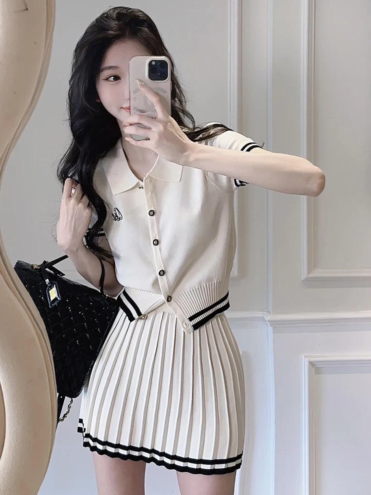 New Korea Fashion Stripe Knitted Suits Women Short Sleeves Top + Pleated A Line Skirt Summer Casual Streetwear Two Pieces Sets