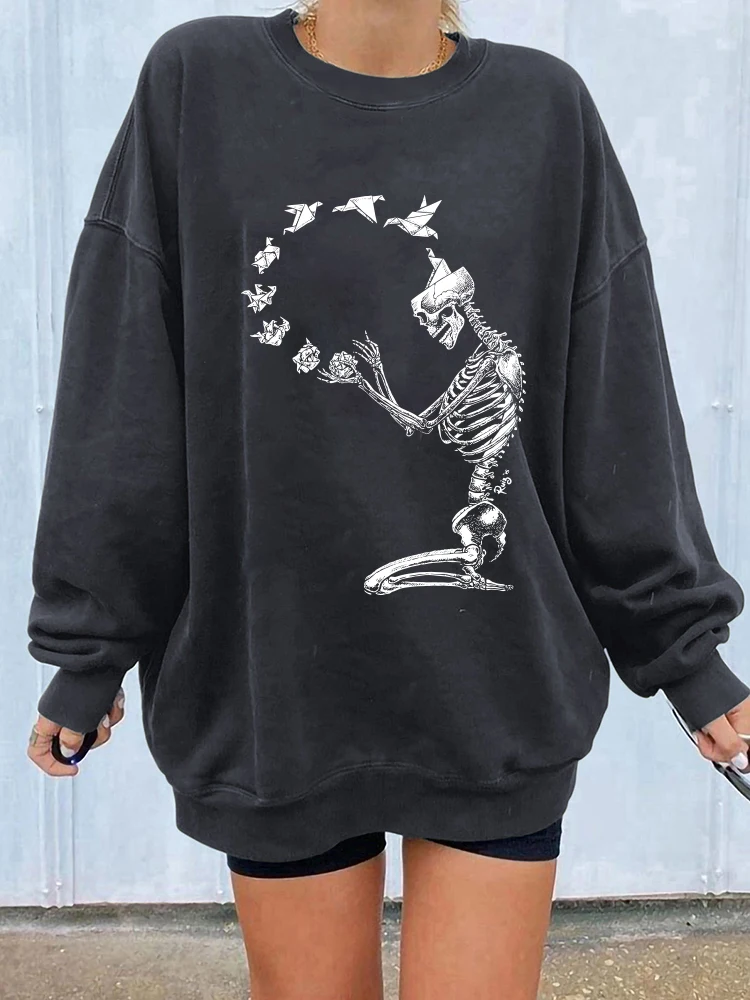 Seeyoushy Funny Skull Print Women Sweatshirts Drop Shoulder Pullovers Winter Vintage Sweatshirt Harajuku 90s Loose Top Sudaderas