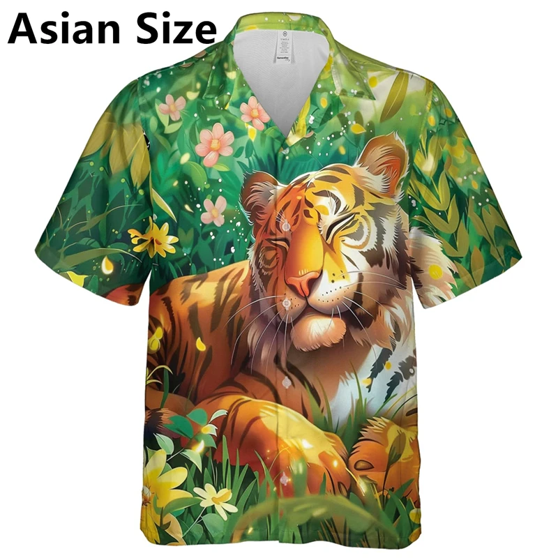 Trend Tiger Graphic Hawaiian Shirts For Men Fashion Summer Lapel Button 3D Animals Printed Blouse Loose Street Hip Hop Tops