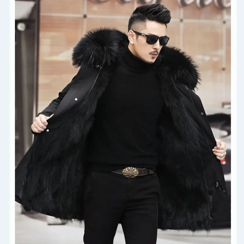 Coat Mens Thickened Imitation Fur Coat Fur Integrated Black Medium and Long Top Fashionable Removable Fur Collar Liner