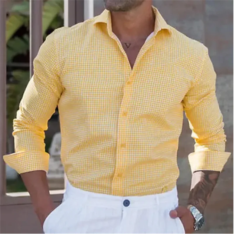 Fashion 2023 Men\'s Shirt Button Down Shirt Casual Shirt Yellow Long Sleeve Plaid Lapel Street Daily Clothes Casual Comfortable