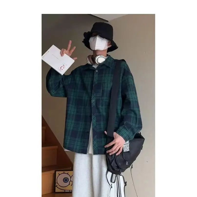 

Мужская свободная рубашка с длинным рукавом, весенне-осенняя, в гонконгском стиле, повседневная, в клетку, модная, брендовая верхняя одежда из полиэфирного волокна, молодежная мода