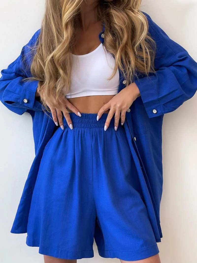 

Summer Women's Suit Shirt and Short Sets Solid Color Casual Cotton and Linen Blouse and Shorts Two Piece Sets Women Outfit 2023