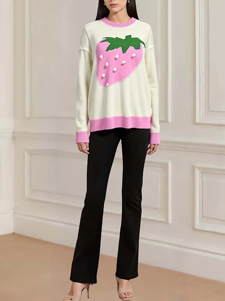 

Women's strawberry jacquard pattern age reducing design craft round neck pullover sweater, versatile women's pullover top