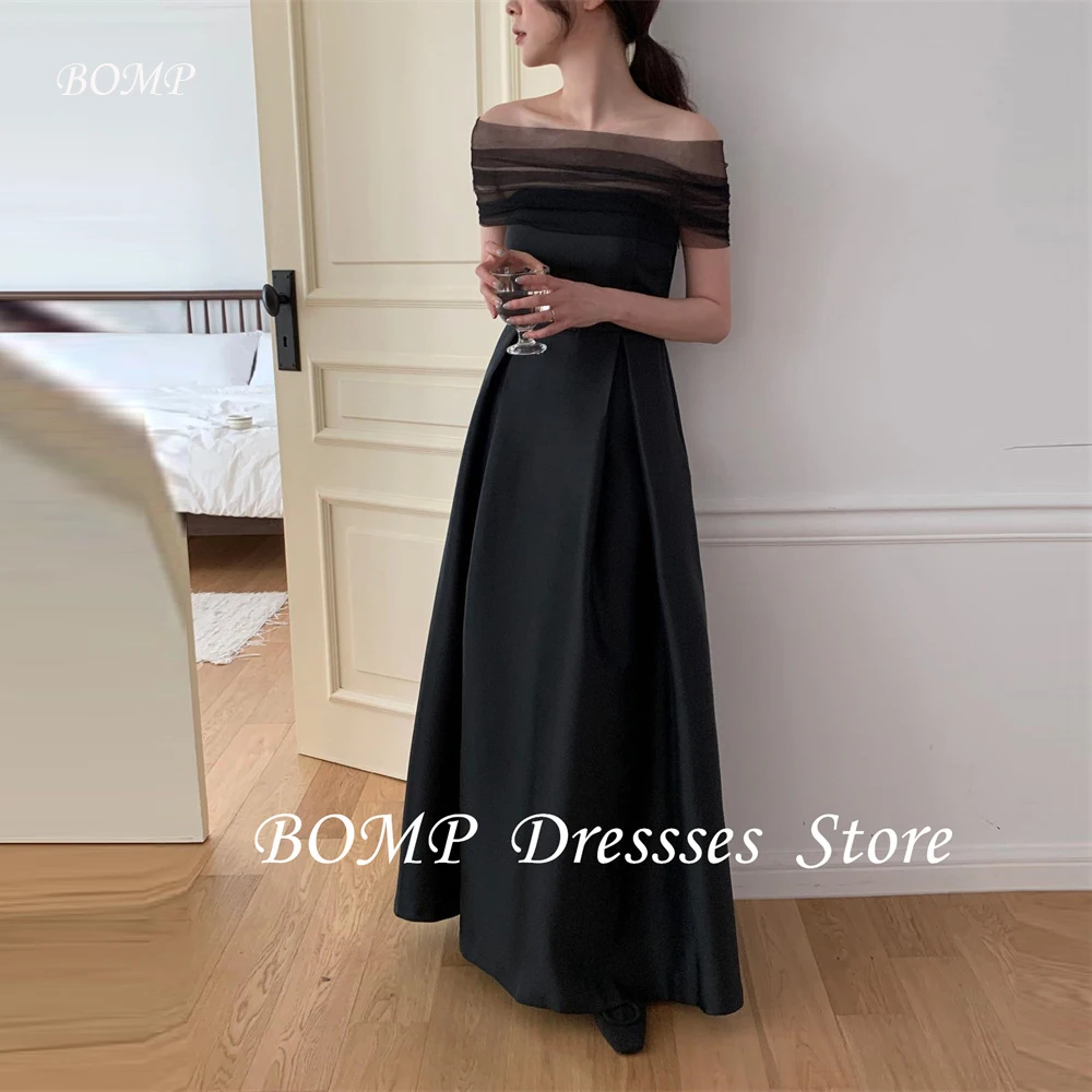 

BOMP Simple Black Evening Dresses With Bolero Tulle Soft Satin Floor length Formal Party Dress Wedding Photo shoot Customized