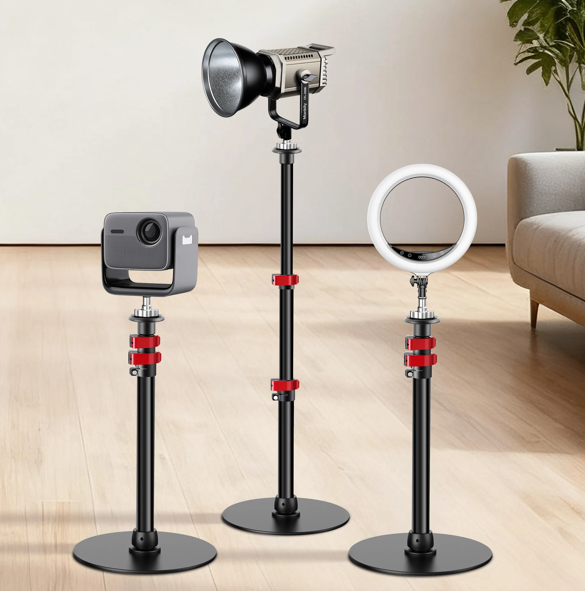 マンビリー-アルミ製丸型ベース-モノポッド-プロジェクター-フロアスタンド-35cm～75cm-高さ調節可能