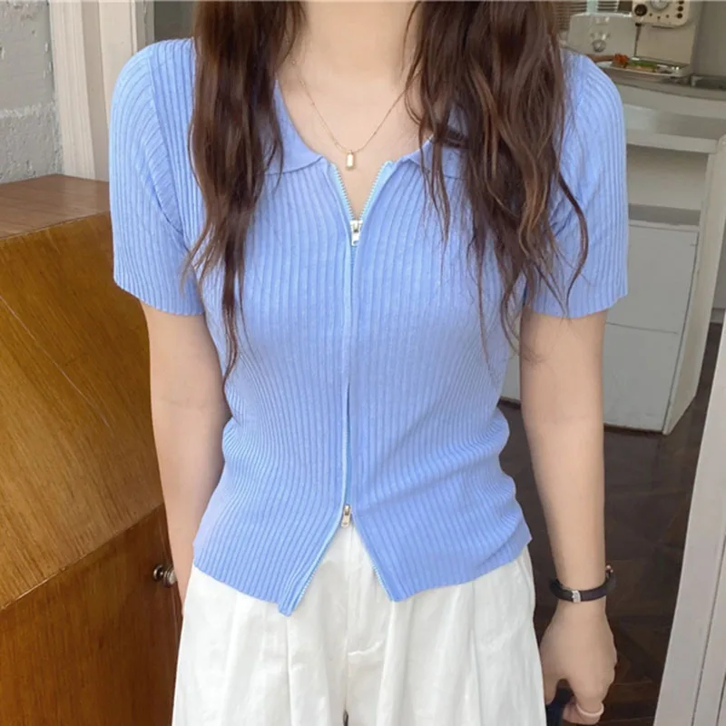 Blue zipper Ice Silk Knitted Cardigan T Shirt For Women Summer Short Sleeve Tshirts 2025 New Pit Stripe Slim Crop Tops Mujer