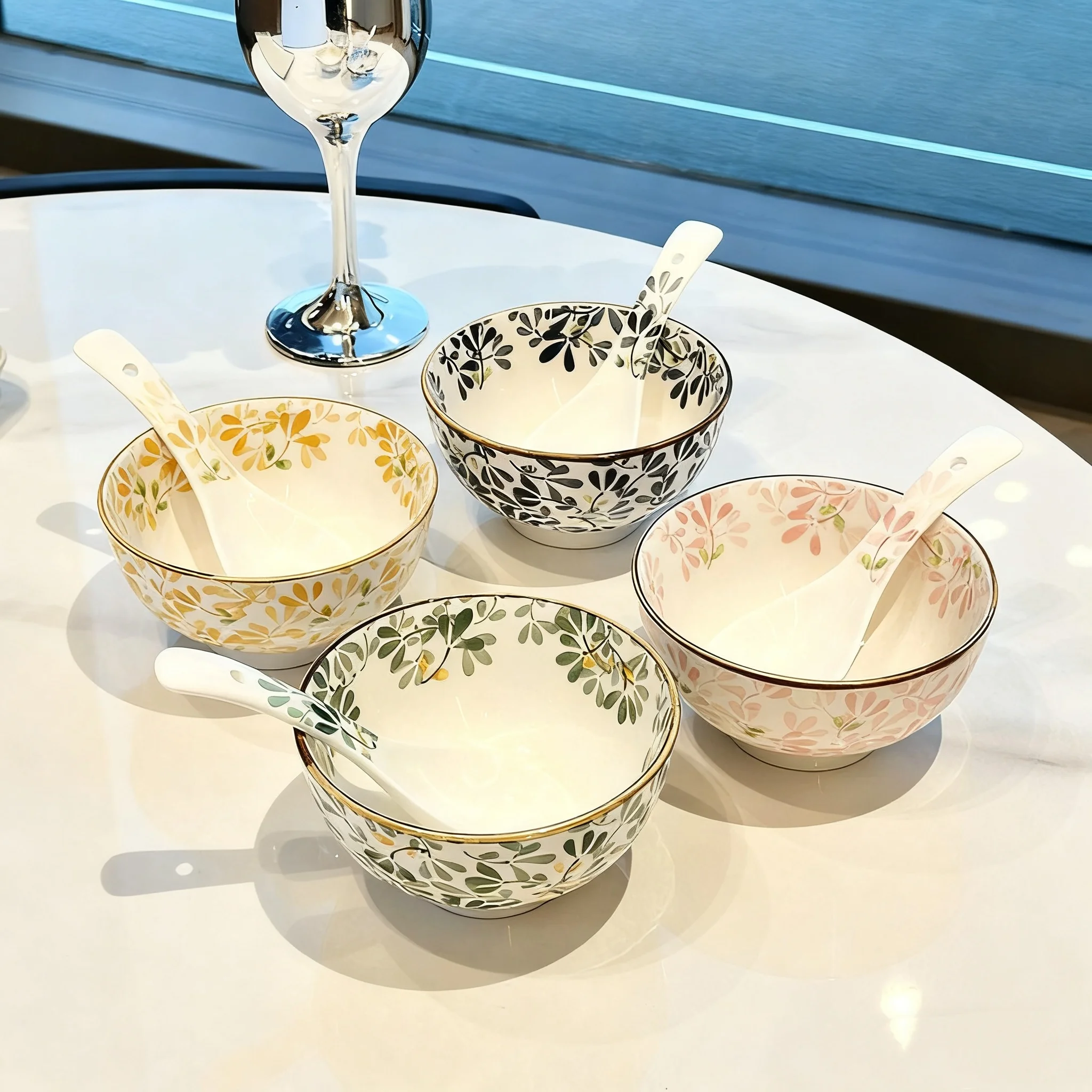 4-Piece 4.5-Inch Ceramic Bowls Set with Four-Season Floral Print -Pasta, Salad, Desserts & Appetizers, Microwave/Dishwasher Safe