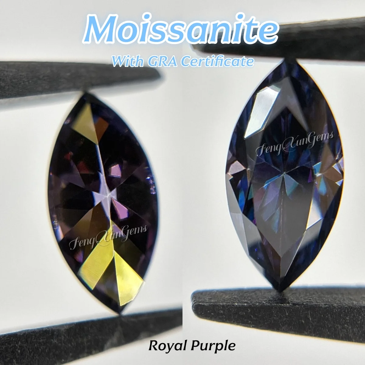 Luźne kamienie moissanitowe o szlifie markiza, 0,1~3 ct, królewski fiolet, testowane jako diamenty, z certyfikatem GRA, idealne do biżuterii.