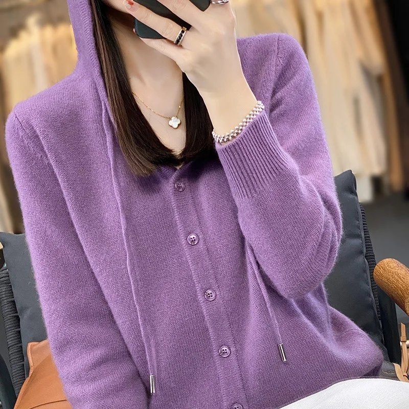 Damskie swetry rozpinane z kapturem jednorzędowy gruby ciepły sweter luźna dzianinowa koszula z dołem jesienno-zimowa dzianina moda koreański sweter — zdjęcie 7