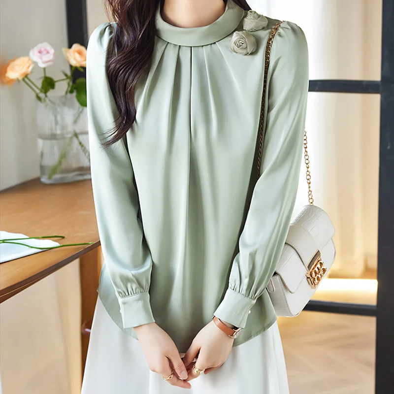 

Autumn New Advanced Feeling Temperament Blouse Women Clothing Half High Collar Solid Tops Autumn Loose Commute Chiffon Shirts