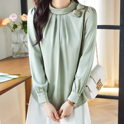 Autumn New Advanced Feeling Temperament Blouse Women Clothing Half High Collar Solid Tops Autumn Loose Commute Chiffon Shirts