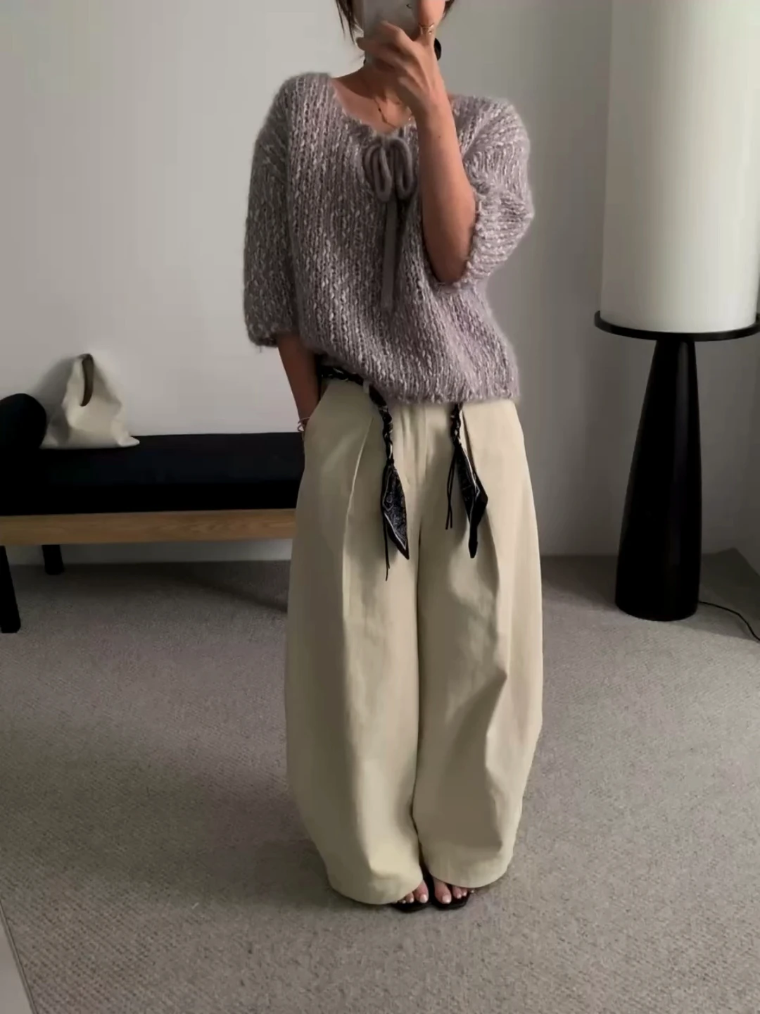 

Retro Wide Leg Pants with Scarf Early Autumn Loose Slimming Drapey Straight Casual Trousers Versatile High Waist Elastic Waist