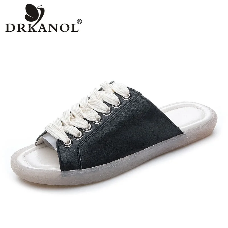 DRKANOL Fashion Women Summer Slippers 2024 Genuine Leather Lace Up Slip On Open Toe Casual Slippers Ladies Lightweight Slides