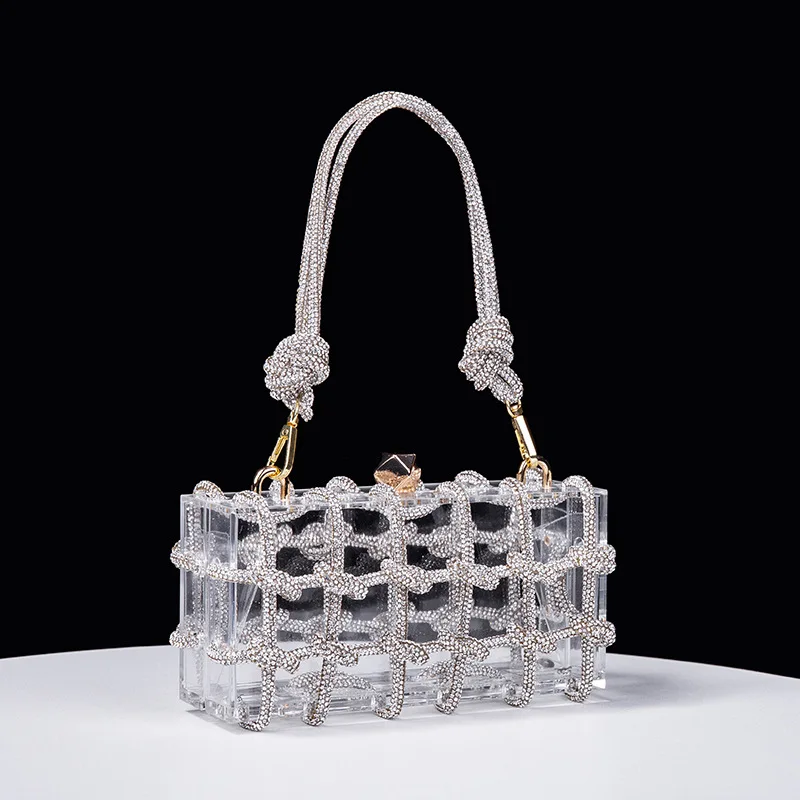 Bolso de mano con caja de acrílico transparente para mujer, bolsa de mano con diamantes de imitación, tejido de Boutique, con cuerda anudada, para