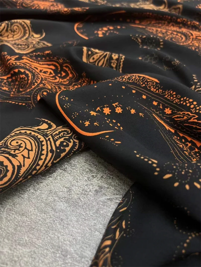 Black Background Copper Classic Vintage Cashew Flower Crepe Fabric Trendy Summer Skirt Scarves Hand Sewn Material Silk Fabric