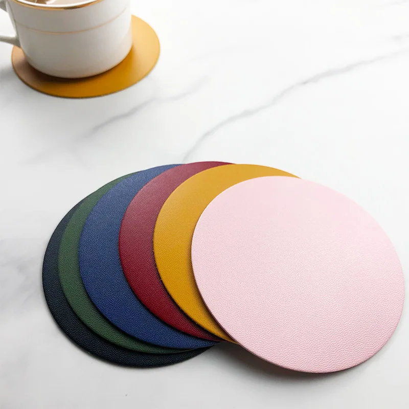 Solid color round pu leather double-sided coaster non-slip waterproof heat insulation mat simple creative coasters