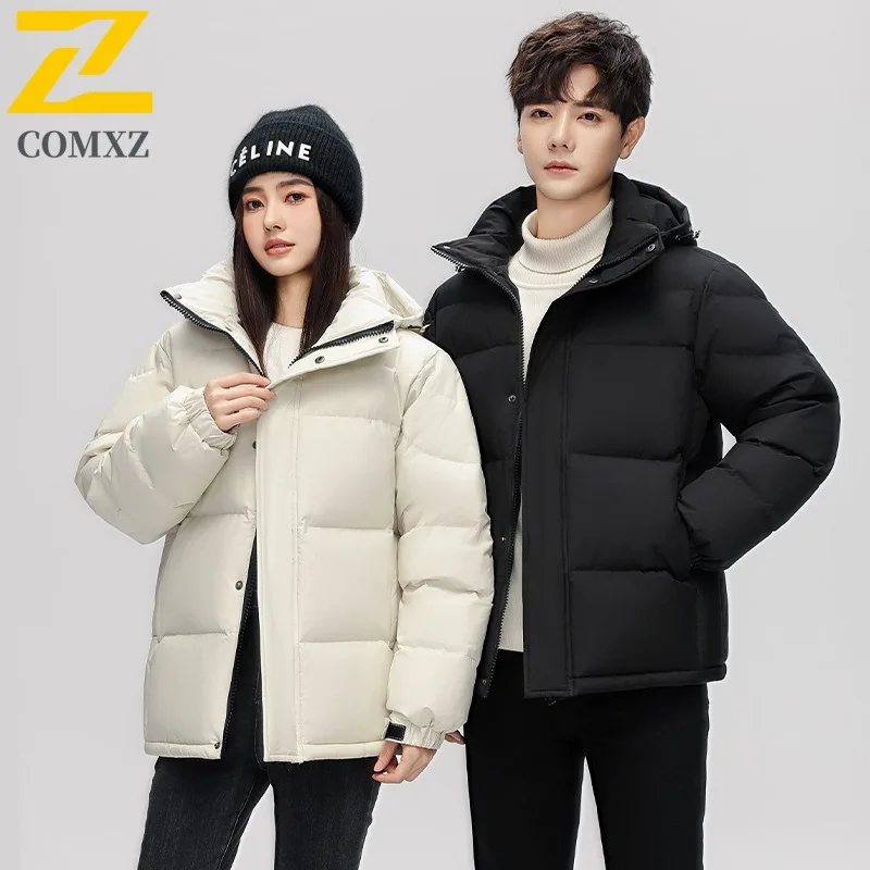 COMXZ 2025 Winter Couple Short School Style Down Jacket Men's Loose Fit Plus Size Trendy White Duck Feather Warm Parka Coat