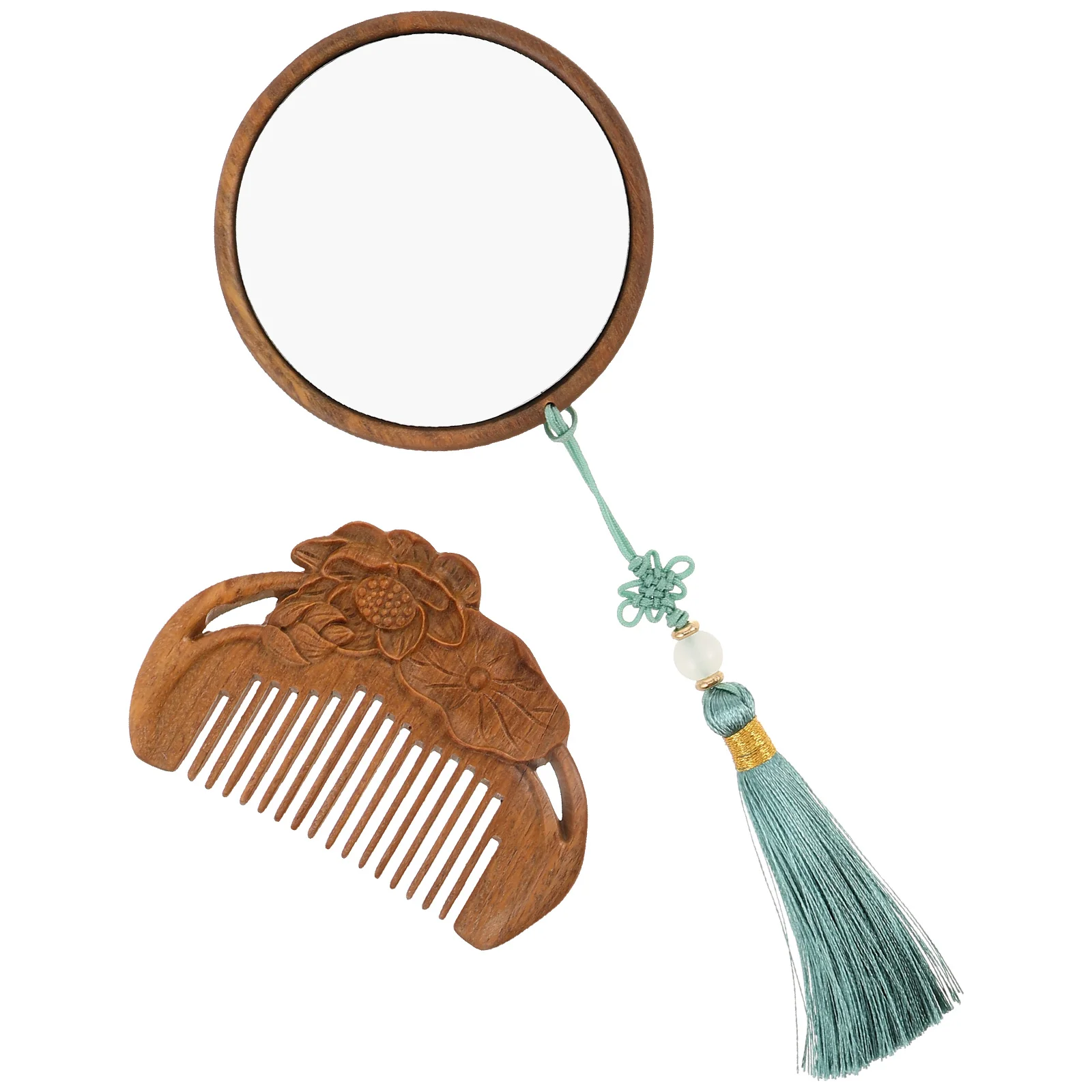 1Set Vintage Hand-Carved Wood Comb Mirror Set Elegant Portable Compact Makeup Mirror Travel Vanity Grooming Kit