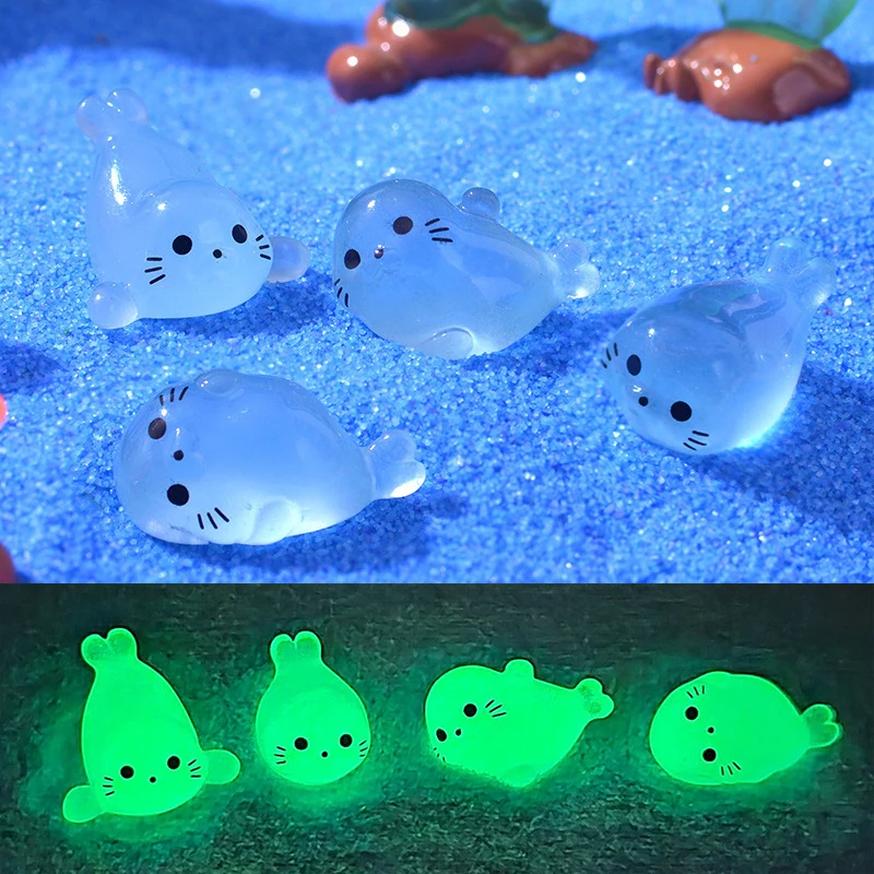 4pcs Kawaii Luminous Mini Seal Pup Resin Glow At Night Marine Animal Figurines Ornament Fairy Garden DIY Accessories