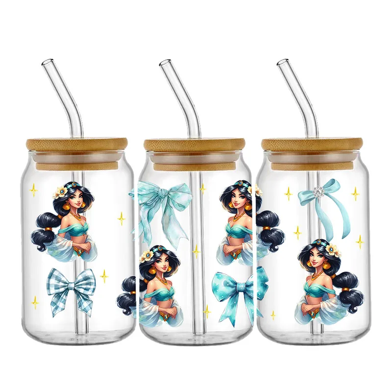 Disney  Princess Bow UV DTF Cup Wrap Transfer Stickers For 16OZ Coffee Glass Can Waterproof DIY Custom Logo