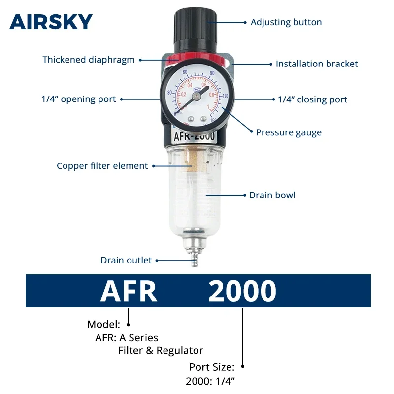 AFR2000 Pneumatic Filter Regulator G1/4 Thread Air Compressor Parts With Pressure Gauge Drain Valve Flow Speed Controller