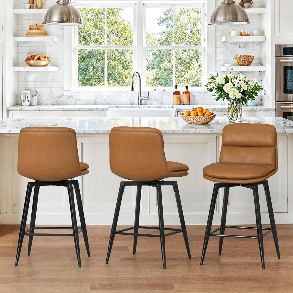 

A set of three 26 inch rotating bar stools, counter height bar stool, double-layer soft cushion, synthetic leather, metal legs