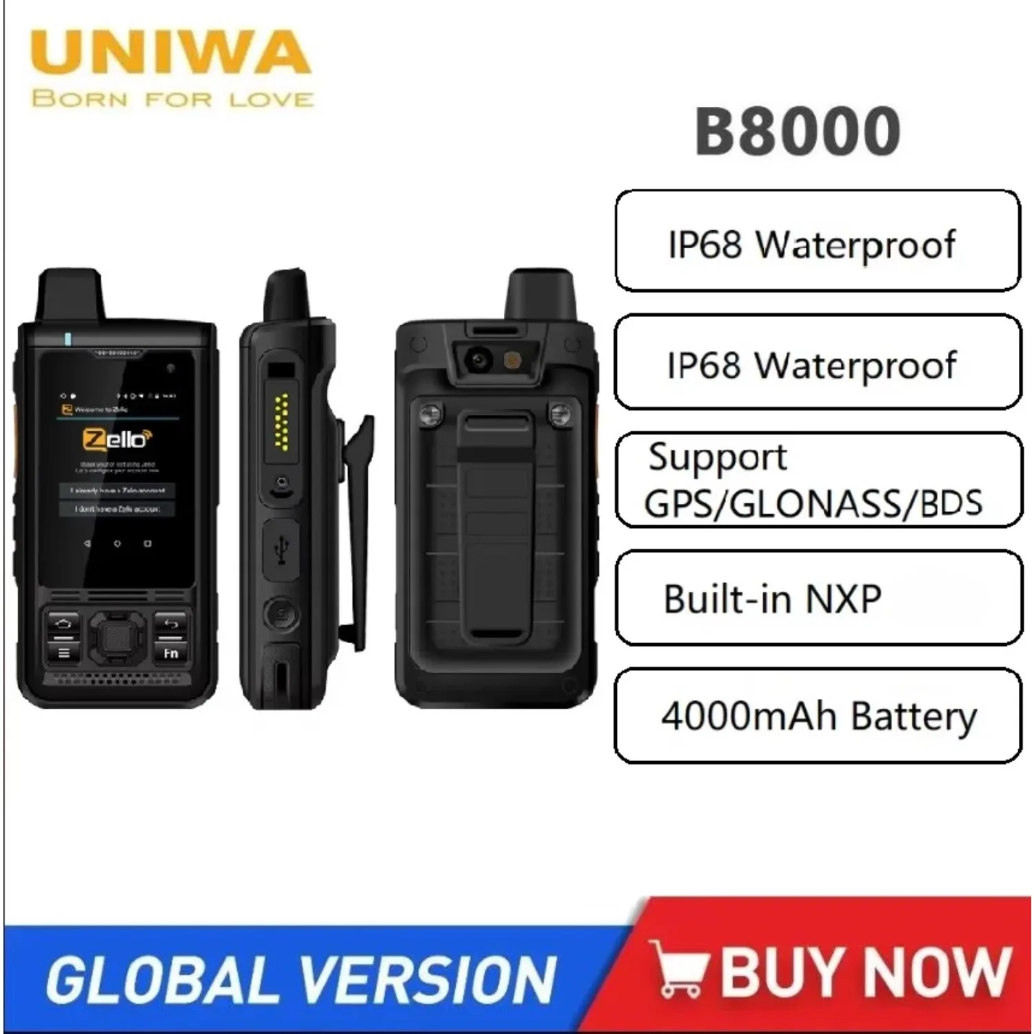 NEW UNIWA B8000 Waterproof POC Walkie Talkie 2.4Inch Touch Screen Quad Core 1GB+8GM Android 8 Loud Speaker Mobile Phone 4000mAh
