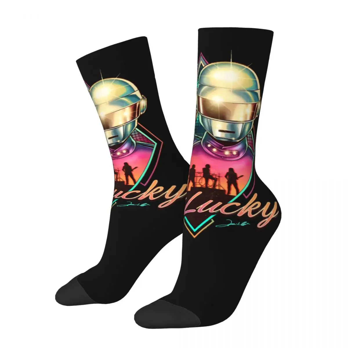 Funny Crazy Sock for Men Helmet Get Lucky Hip Hop Harajuku Daft Punk Rock Band Happy Pattern Printed Boys Crew Sock Casual Gift