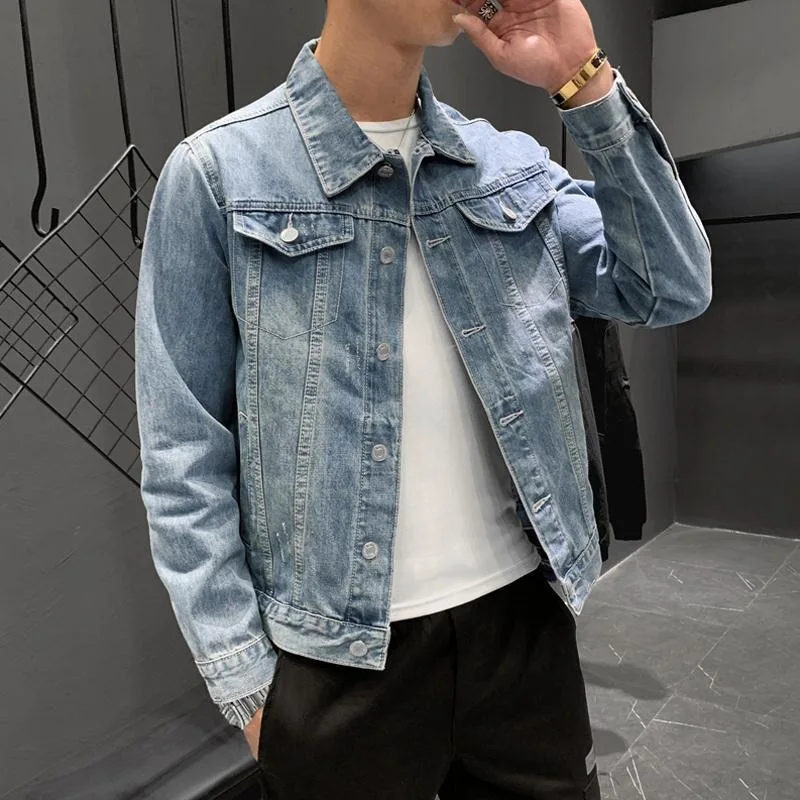 

Голубая приталенная мужская джинсовая куртка, стираная одежда в стиле пастушки, популярная корейская одежда, модные корейские мужские джинсовые пальто высокого качества