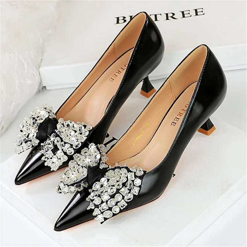 Women 5.5cm High Heels Green Rhinestone Butterfly Knot Pumps Lady Plus Size 34-43 Wedding Low Heels Evening Party Bow Pink Shoes