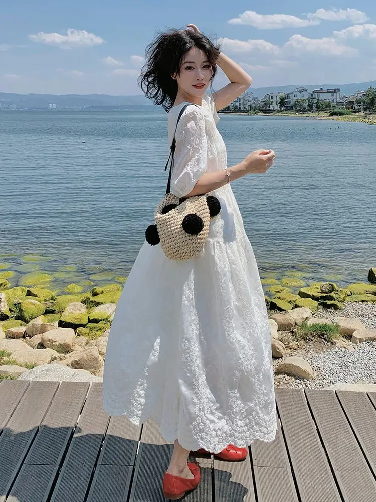 

plus Size Women's White Casual Summer Dress High Waist A-Line Skirt Short Sleeve round Neck Dress for Vacation And Leisure
