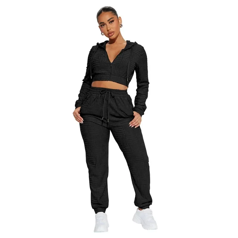 Towel Jacquard Casual Sporty 2 Piece Set Women Autumn Winter Tracksuits Zipper Long Sleeve Hooded Sweatshirts Crop Tops + Pants