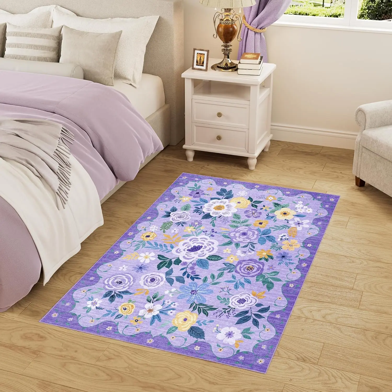 Floral Boho Rug Purple for Living Room Low Pile Throw Rugs Crystal Velvet Washable Non Slip Modern Large Area Carpet for Bedroom