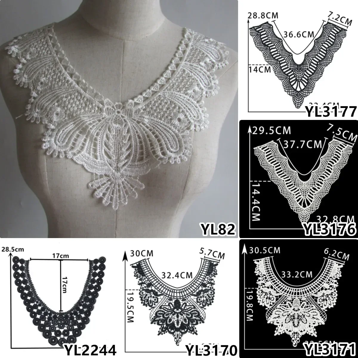 Wholesale sales of 1-10 pieces of polyester embroidery black and white collar DIY sewing decorative clothing lace accessories