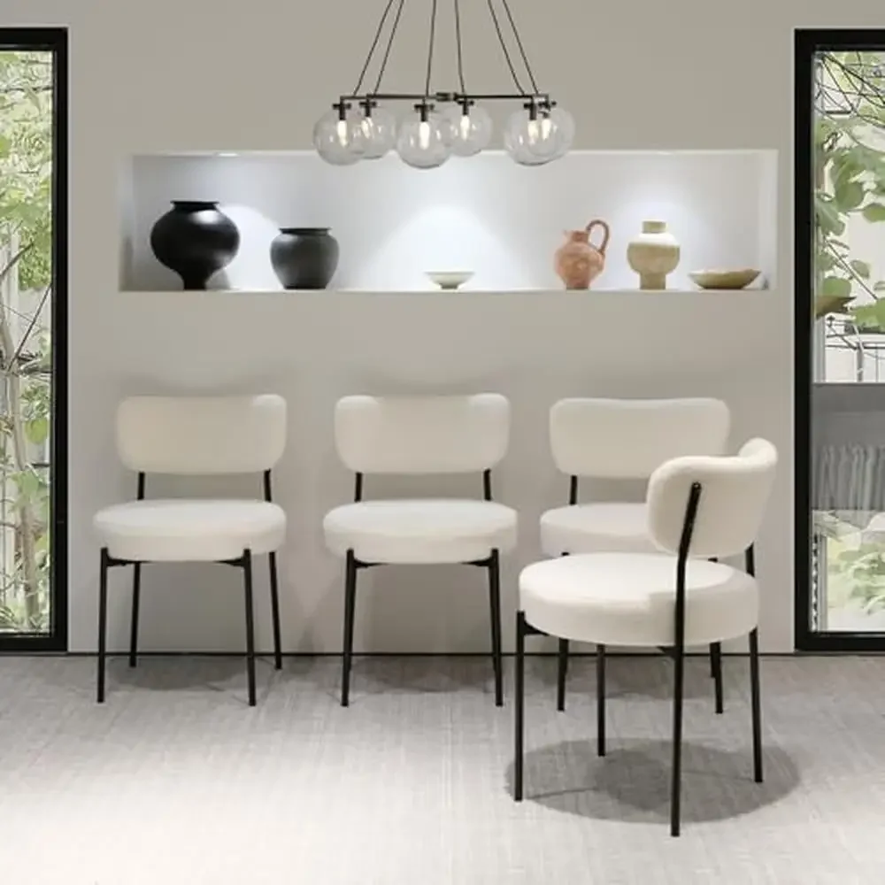 Juego de 4 sillas de comedor Boucle, patas de metal tapizadas modernas, color negro crema, elegante forma de barril, resistente a los arañazos, para el hogar y el cafetería