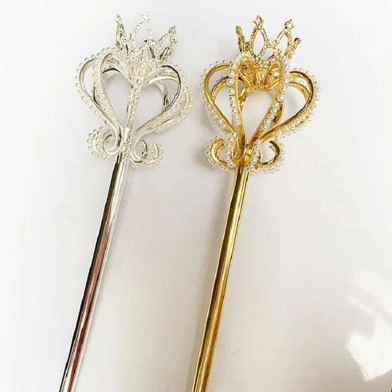 Cosplay Props Gold Pearl Rhinestone Scepter King Magic Party Wand Pageant Costume Queen Accessory Dress Up Cetro