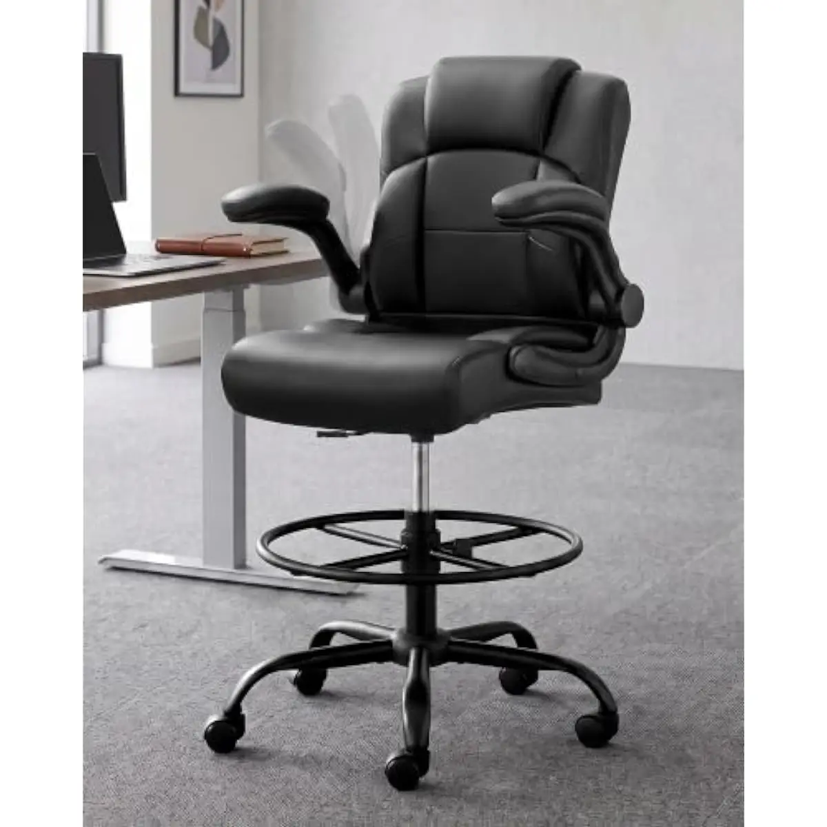 Drafting chair with 90-degree flip-up padded arms, 5.5-inch height-adjustable seat, 19.88-inch wide cushioned seat, 360-degree s