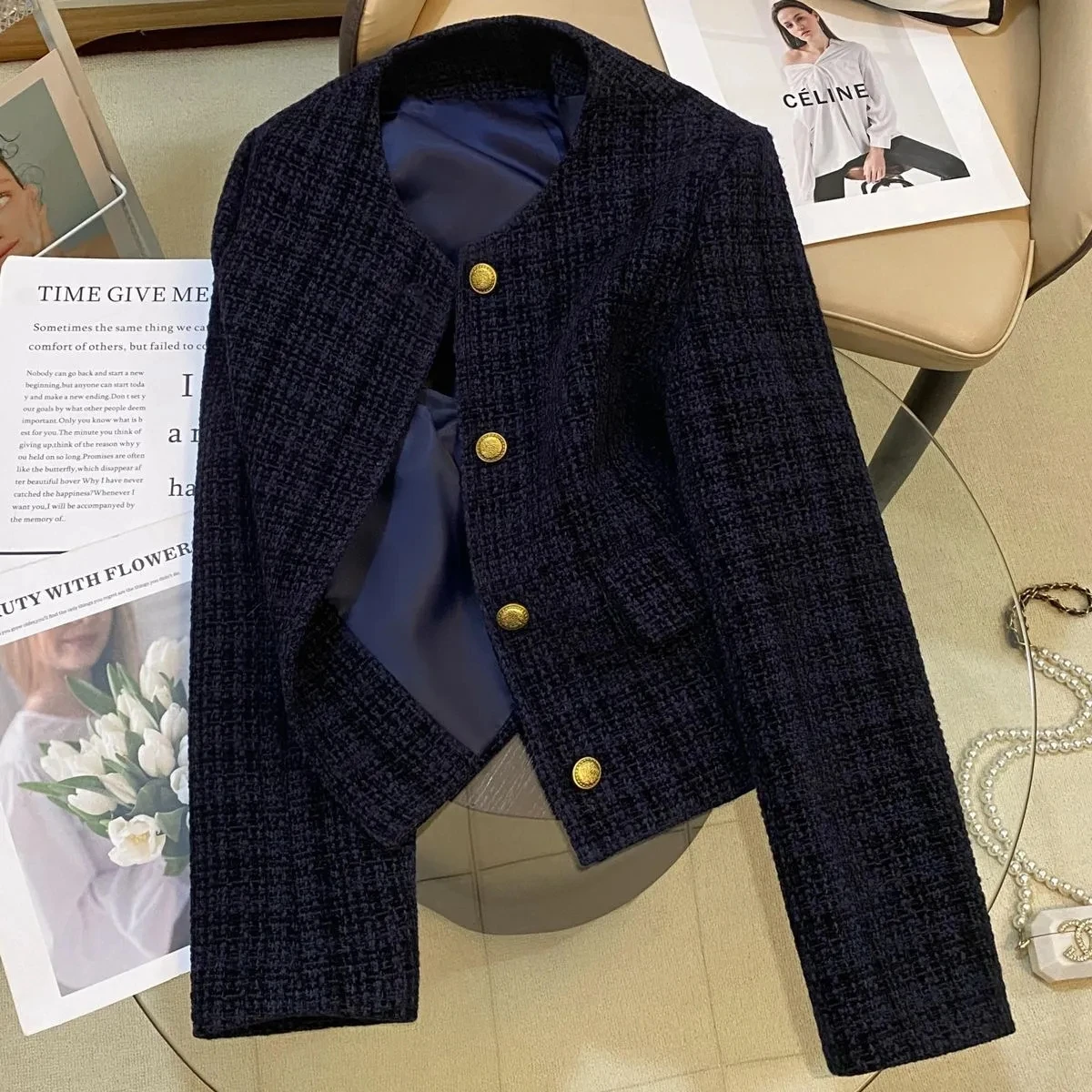 

Spring Autumn Women Navy Suits Jacket New Fashion Casual Lined Short Coat Ladies Xiaoxiangfeng Blazer Outwear