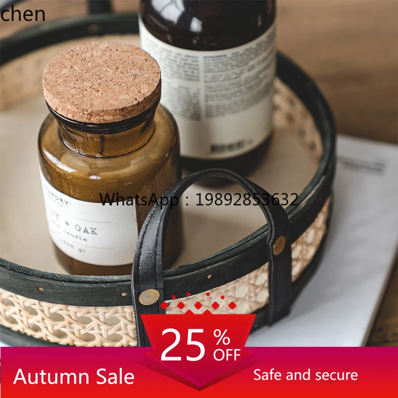 

Tray with Leather Handle Round Perfume Aromatherapy Tray Fruit Tray Storage Basket