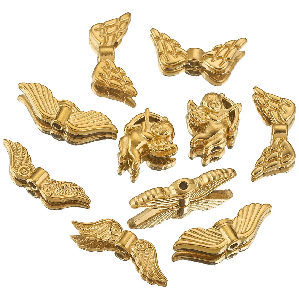 

5PCS Stainless Steel Flat Angels Wings Beads Gold Plated Spacer Beads for Needlework DIY Bracelet Jewelry Making Findings Waist