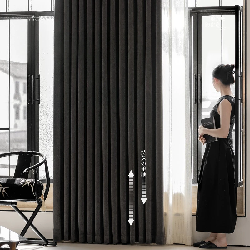 Italian Light Luxury Black Double-sided Chenille Blackout and High-end Feel Curtains for Living Dining Room Bedroom Custom Size