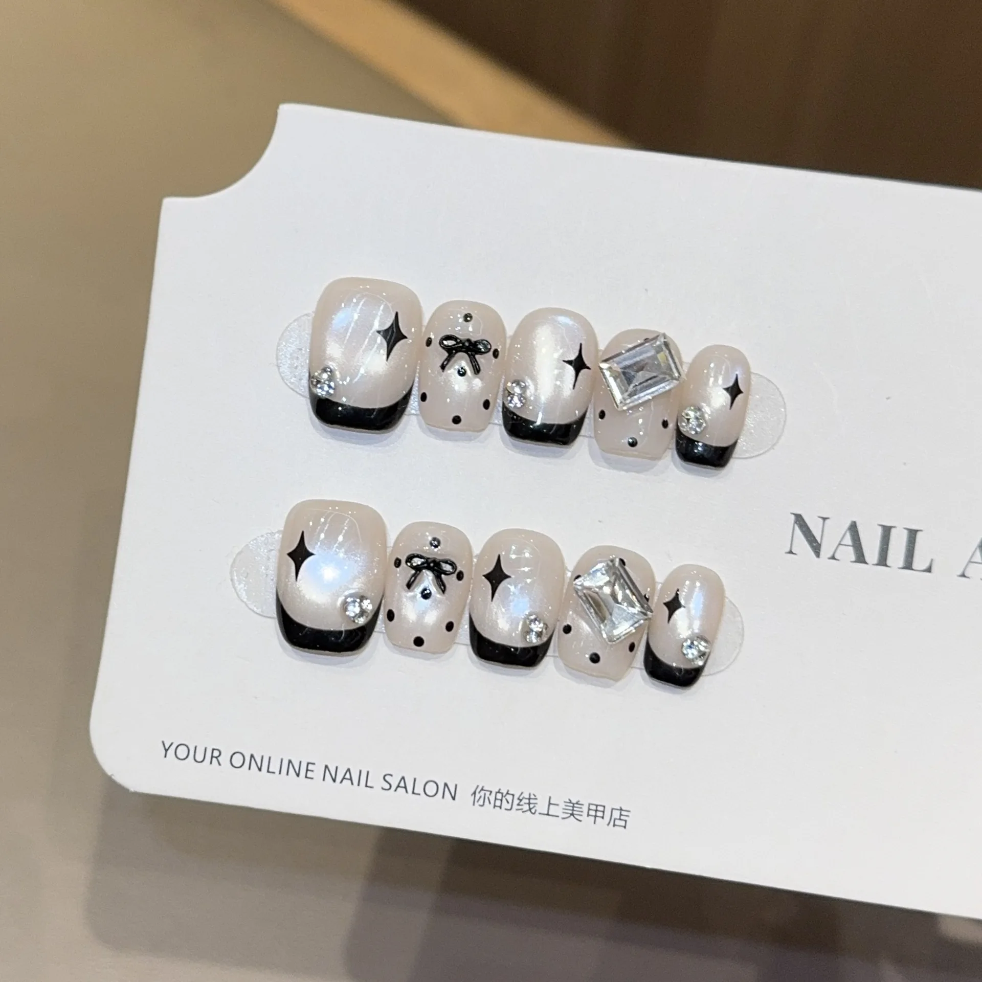 

10Pcs Handmade Press on Nails Star Cat's Eye French Bow False Nail for Women&Girls Short Square Removable Wearable Fake Nail