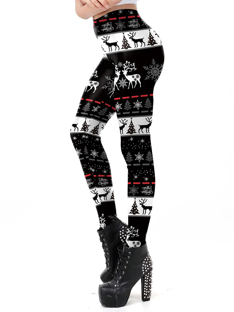 Nadanbao Black Snowflakes Print Leggings Women Merry Christmas Mid Waist Elastic Tights Trousers Female Holiday Party Pants