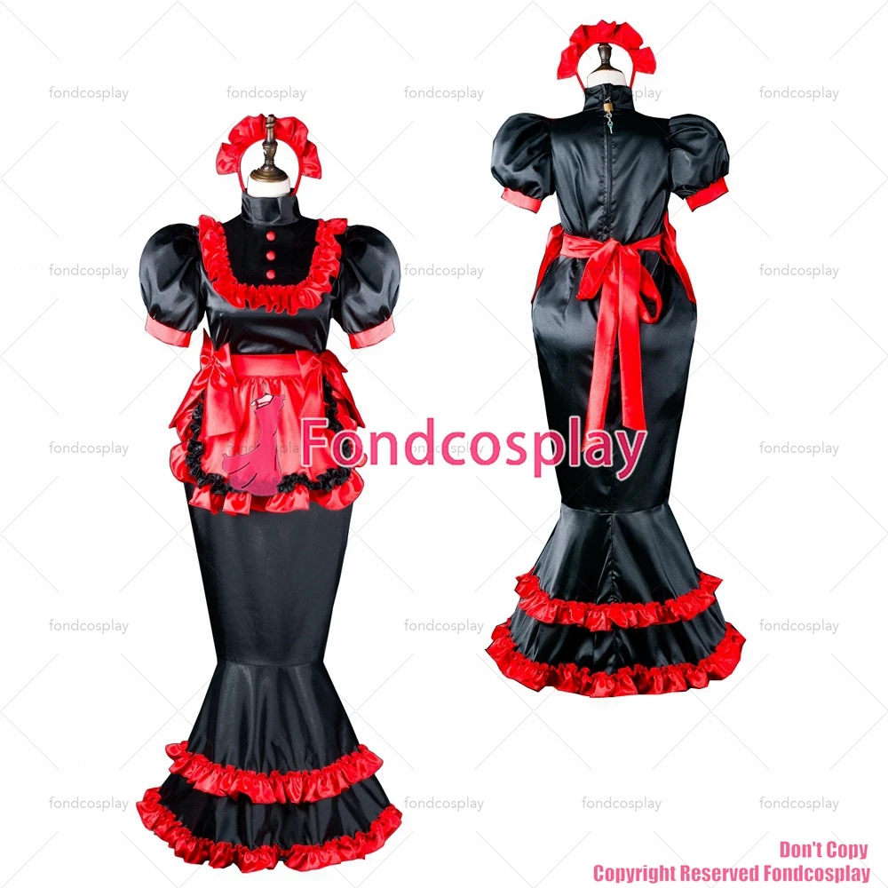 fondcosplay adult sexy cross dressing sissy maid long black satin dress lockable Uniform red apron Fish tail CD/TV[G2406]