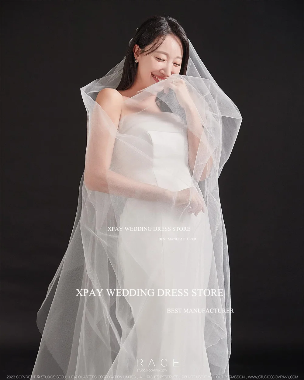 XPAY-Vestido de Noiva Sereia, Elástico Cetim, Sem Mangas, Coreia, Sem Costas Drapeado, Sessão Fotográfica, Casamento