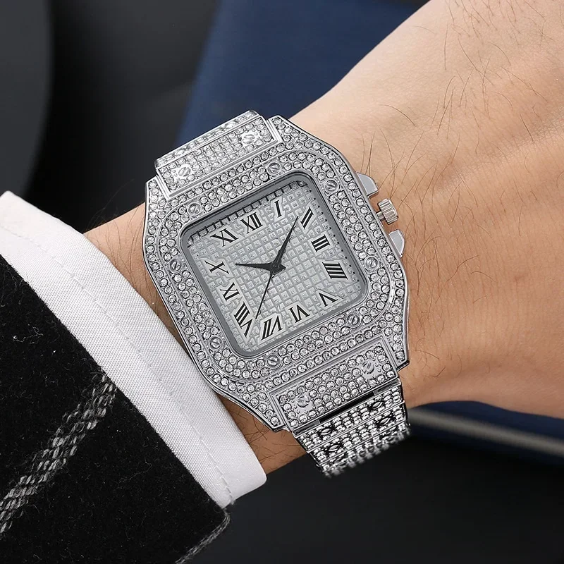 Punk Men Women Iced Out Square Diamond Watch Sparkling Quartz Watches Fashion Classic Clock for Outdoor