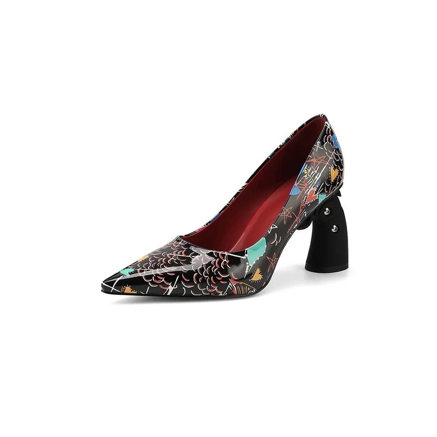 Women's Graffiti Print Pointed Toe Block Heel Pumps Patent Leather Mid Heel Shoes Statement Footwear for Work Events All-Season