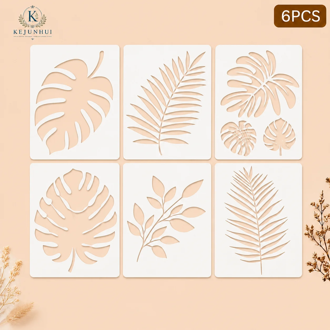 6Pcs Tropical Leaf Stencils Reusable PET DIY Painting Templates Palm Monstera for Wall Wood Fabric Canvas Bag Scrapbook Crafts