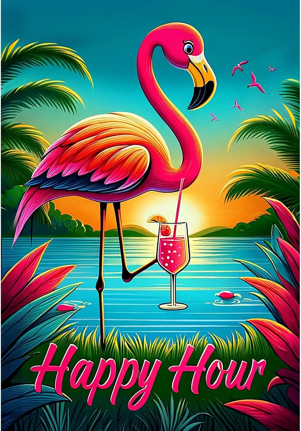 America Forever Happy Hour Flamingo Garden Flag 12.5 x 18 inch Double Sided Tropical Paradise Sunset Cocktail Pink Flamingo  PPZ